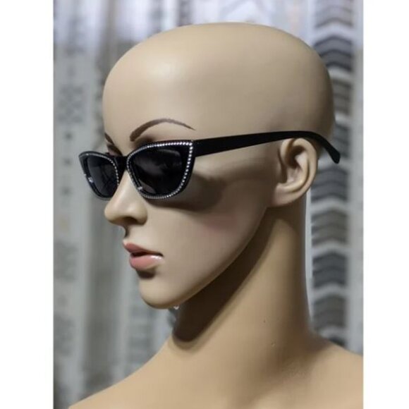 Solid Black Rhinestone Cat Eye Sunglasses - Picture 2 of 3